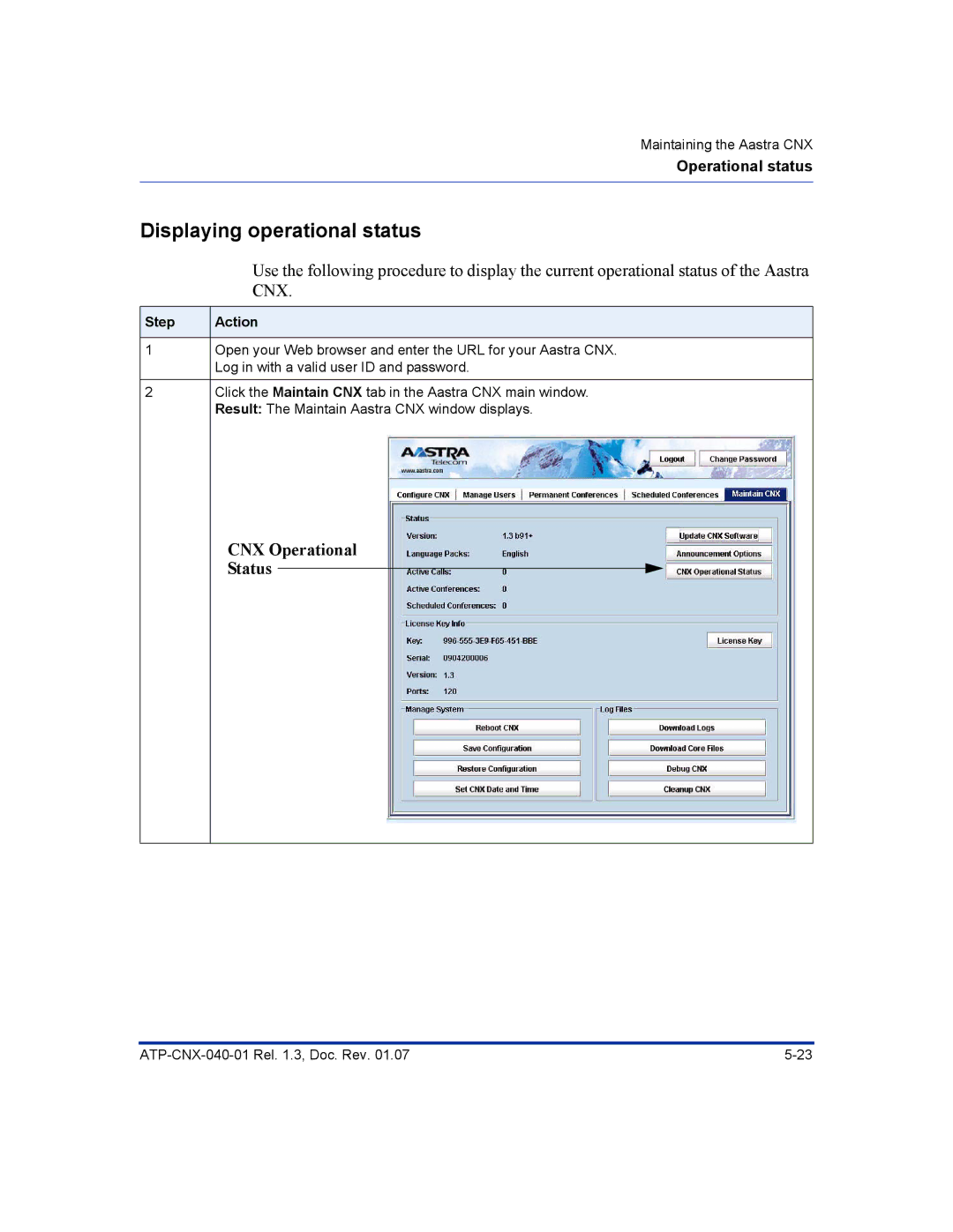 Aastra Telecom ATP-CNX-040-01 manual Displaying operational status, CNX Operational Status 