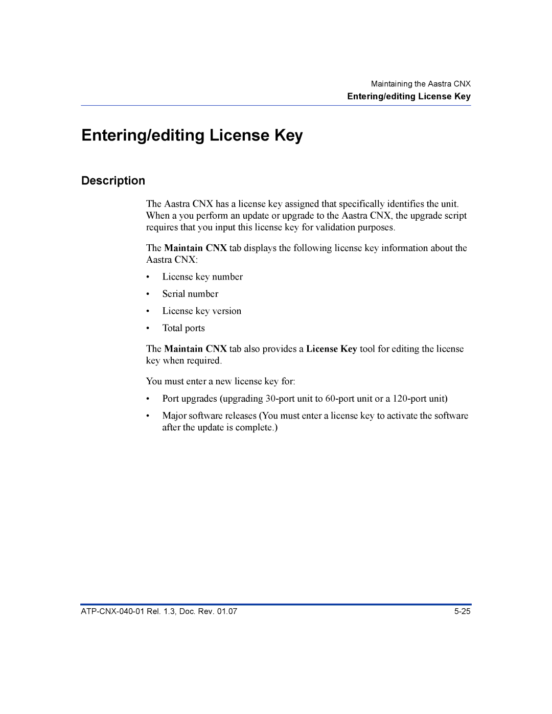 Aastra Telecom ATP-CNX-040-01 manual Entering/editing License Key, Description 