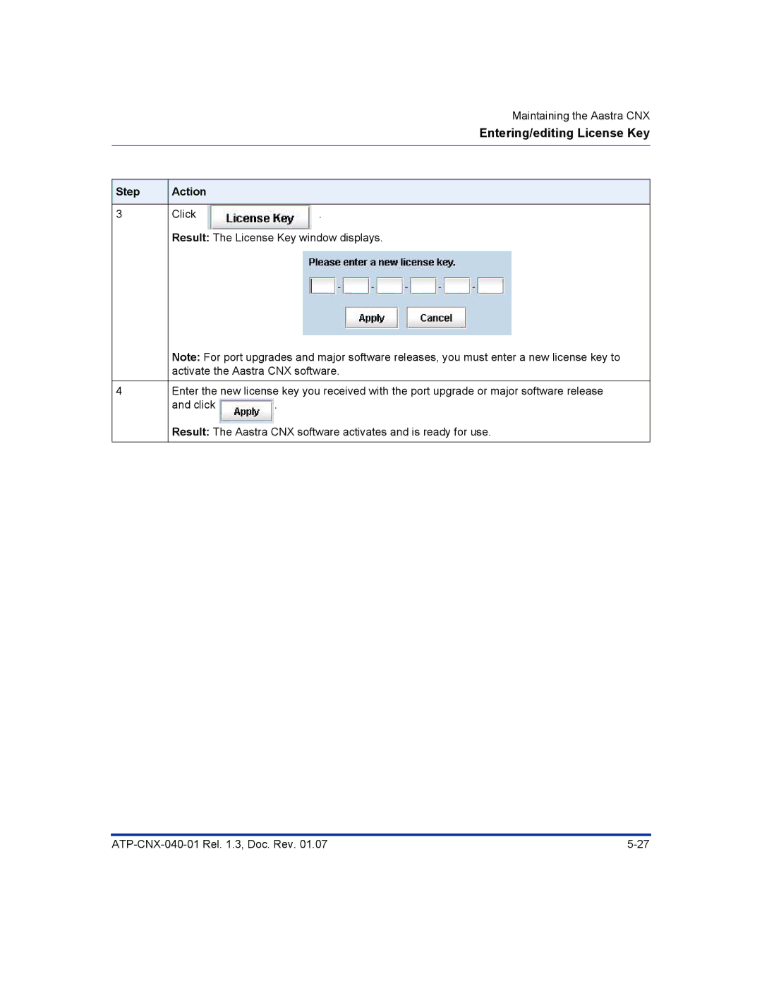 Aastra Telecom ATP-CNX-040-01 manual Entering/editing License Key 