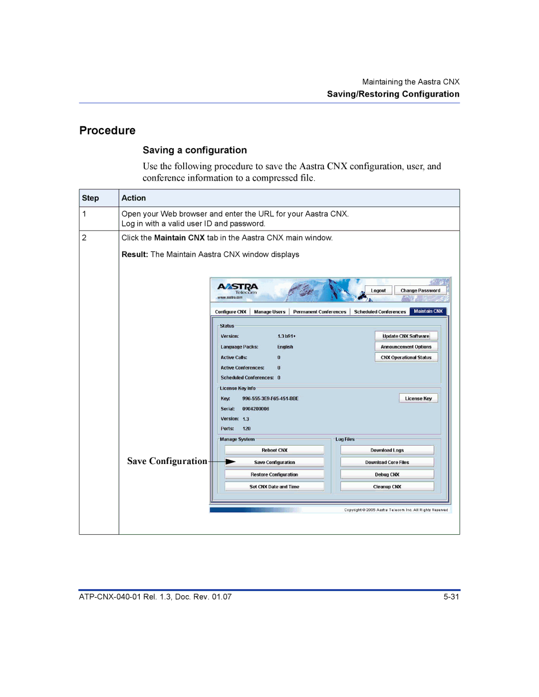 Aastra Telecom ATP-CNX-040-01 manual Procedure, Saving a configuration 