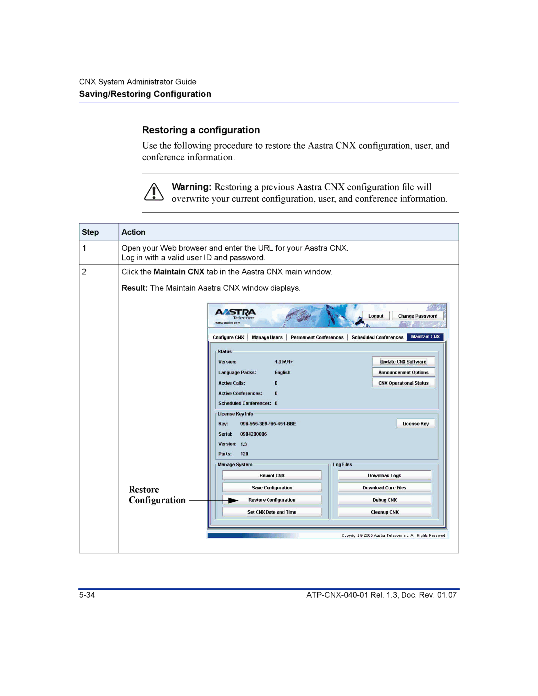 Aastra Telecom ATP-CNX-040-01 manual Restoring a configuration, Restore Configuration 