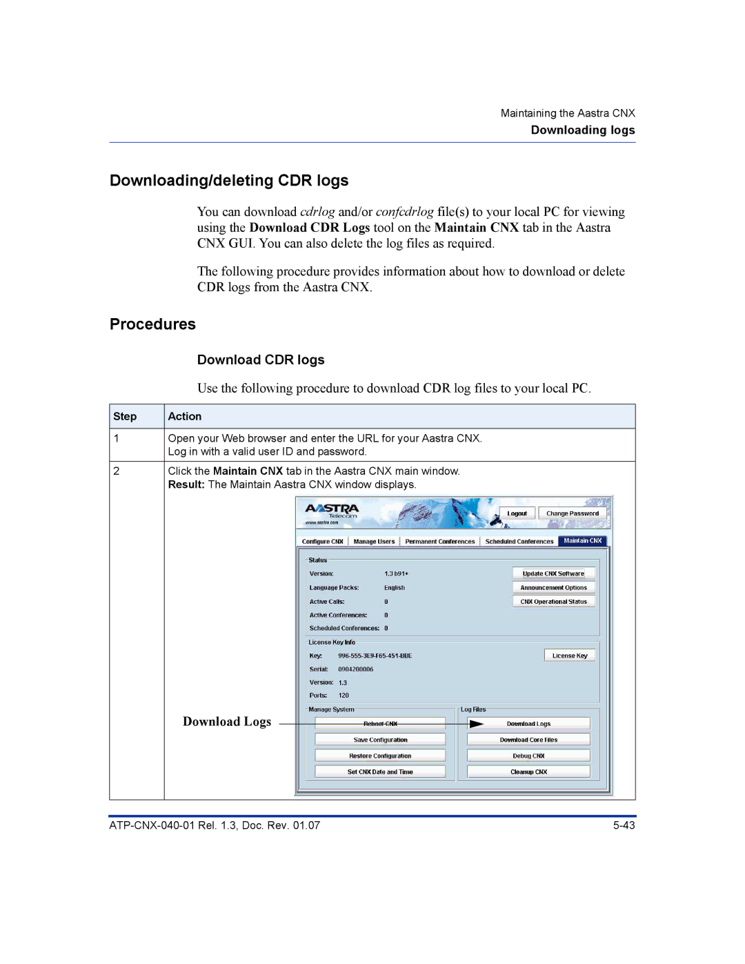 Aastra Telecom ATP-CNX-040-01 manual Downloading/deleting CDR logs, Download CDR logs 