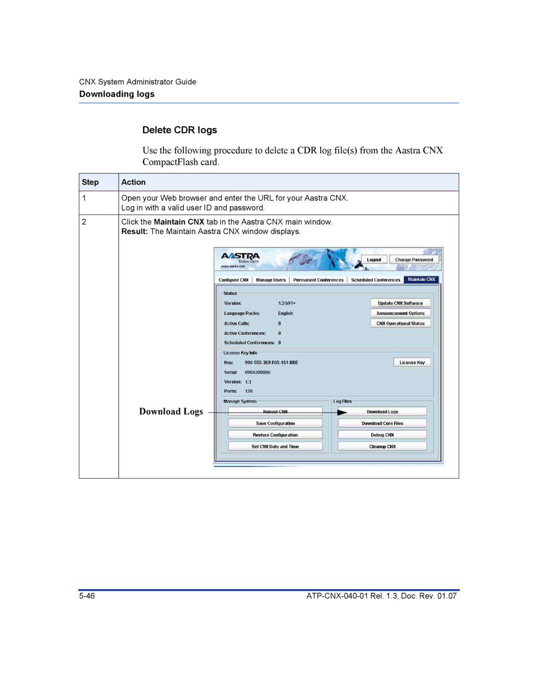 Aastra Telecom ATP-CNX-040-01 manual Delete CDR logs 