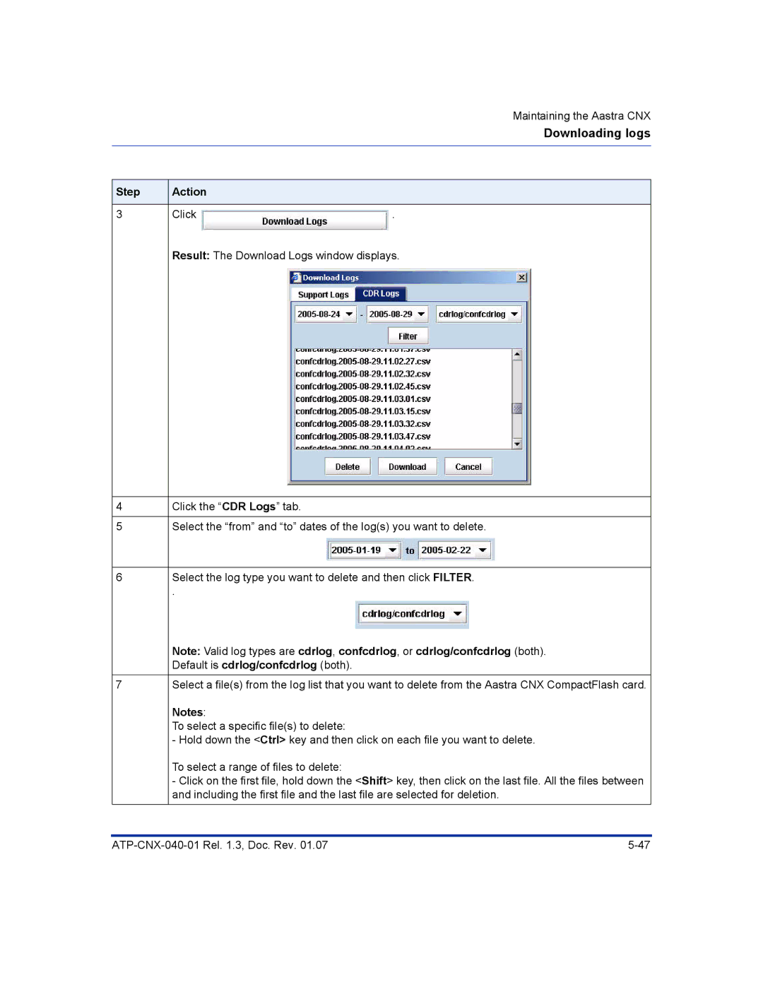 Aastra Telecom ATP-CNX-040-01 manual Downloading logs 