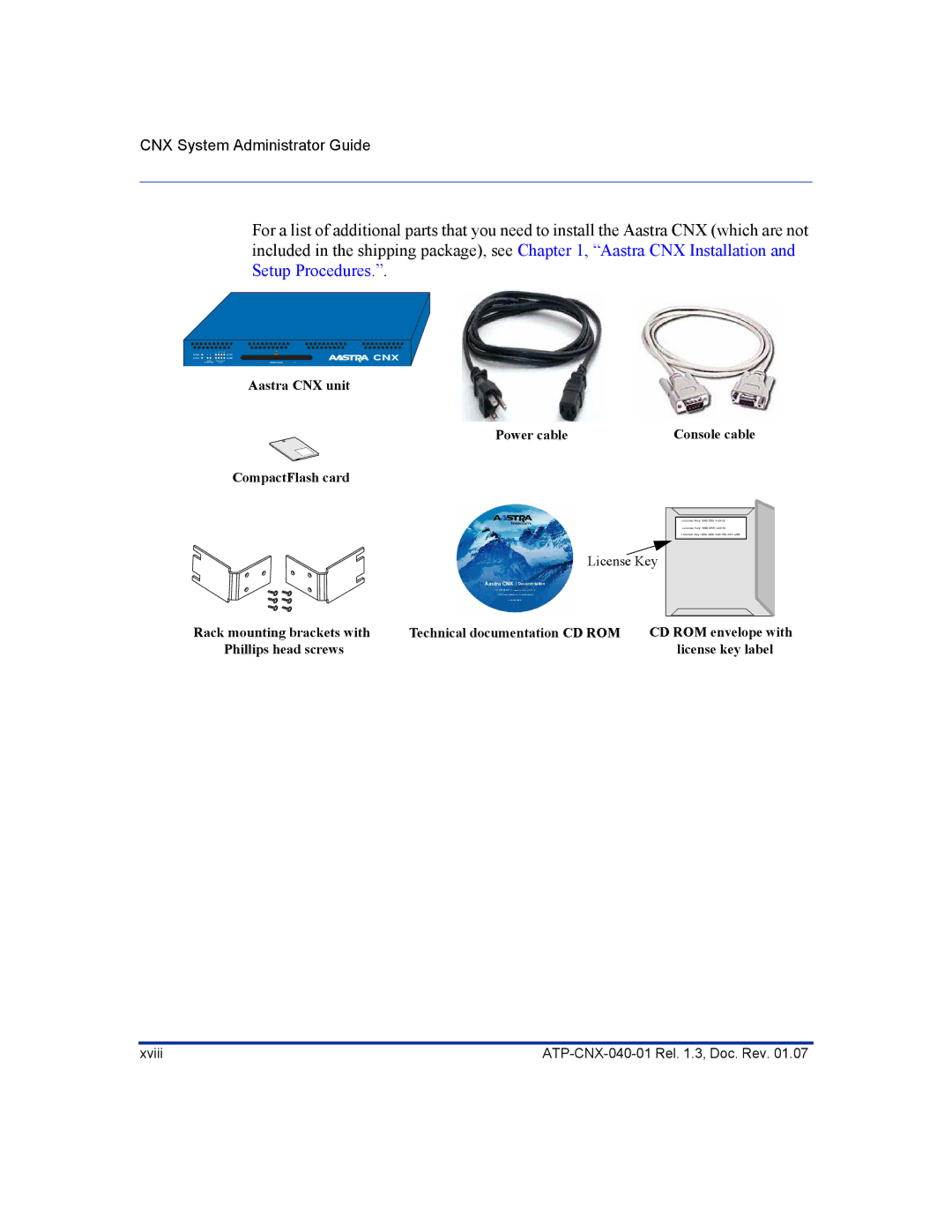 Aastra Telecom ATP-CNX-040-01 manual Aastra CNX unit Power cable Console cable CompactFlash card 