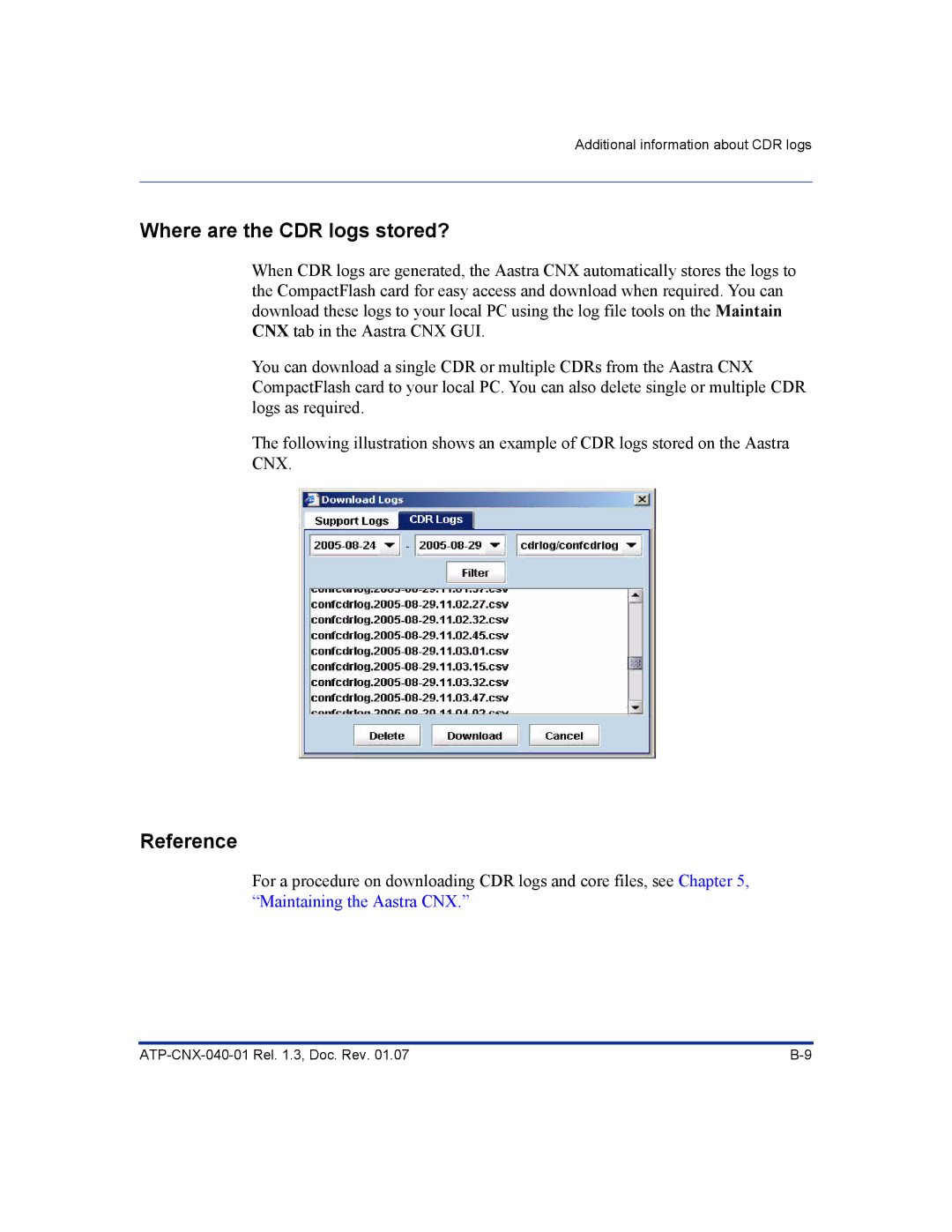 Aastra Telecom ATP-CNX-040-01 manual Where are the CDR logs stored?, Reference 