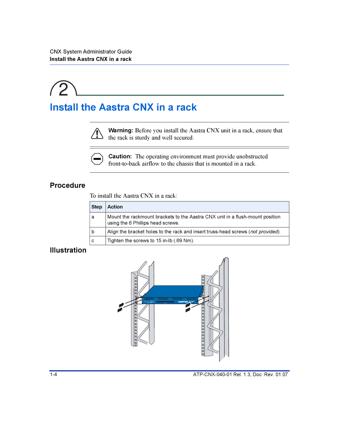 Aastra Telecom ATP-CNX-040-01 manual Procedure, Illustration, To install the Aastra CNX in a rack 