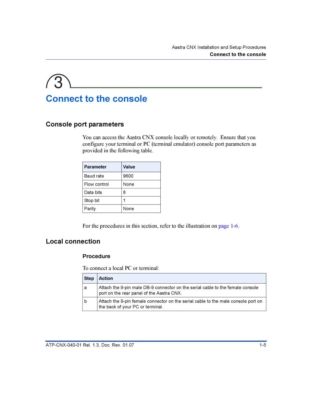 Aastra Telecom ATP-CNX-040-01 manual Console port parameters, Local connection, To connect a local PC or terminal 