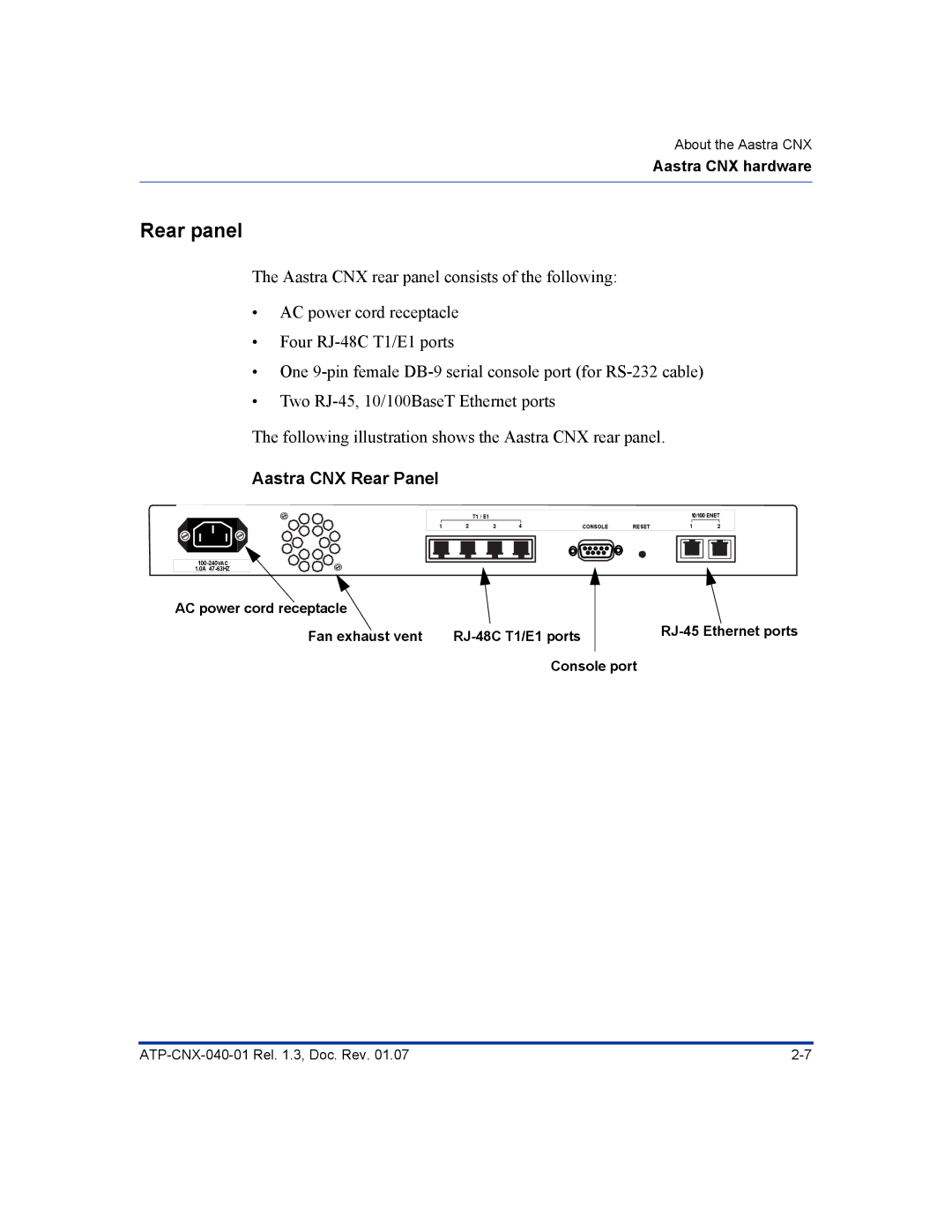 Aastra Telecom ATP-CNX-040-01 manual Rear panel, Aastra CNX Rear Panel 