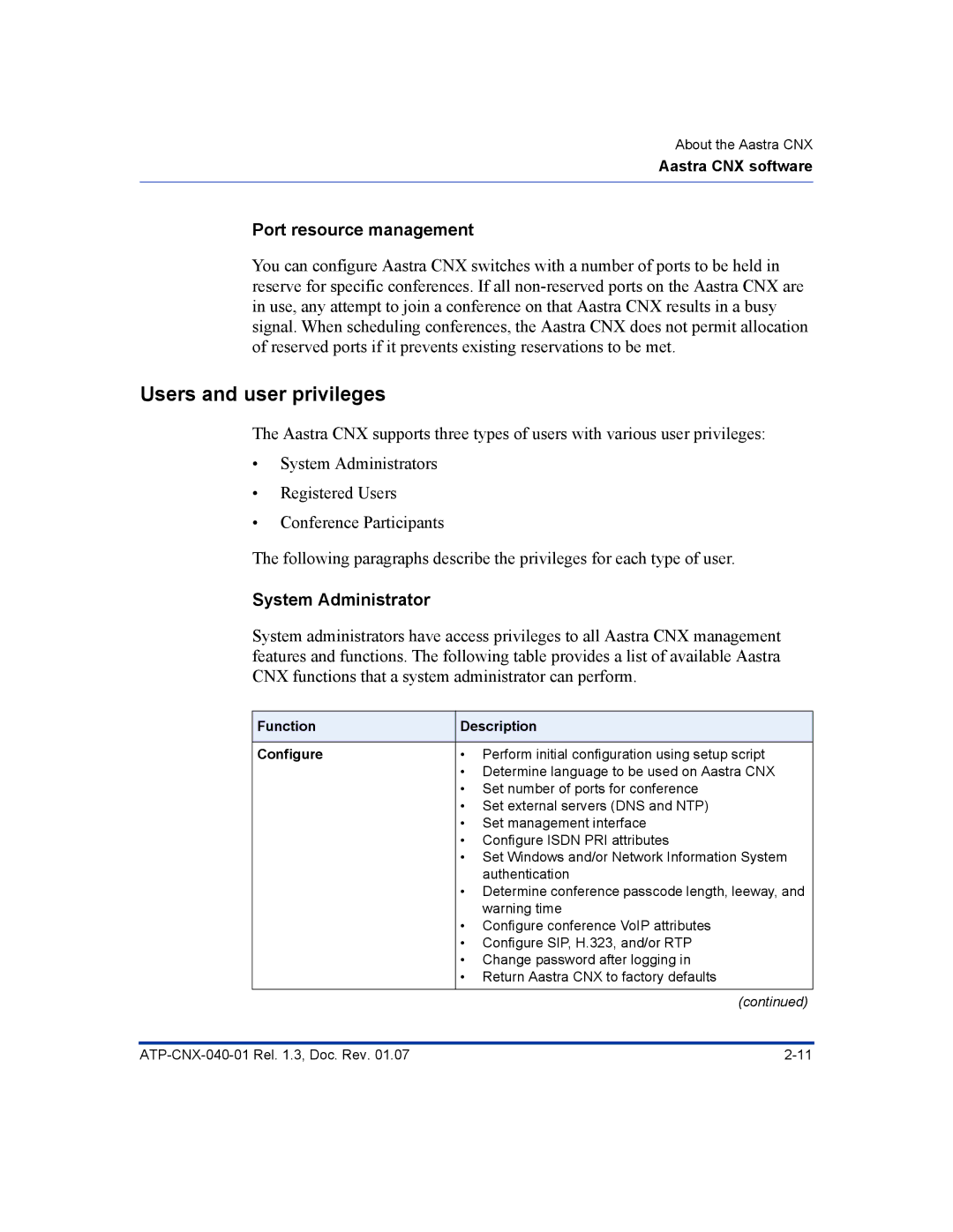 Aastra Telecom ATP-CNX-040-01 manual Users and user privileges, Port resource management, System Administrator 