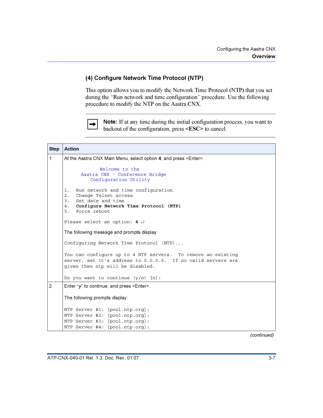 Aastra Telecom ATP-CNX-040-01 manual Configure Network Time Protocol NTP, Procedure to modify the NTP on the Aastra CNX 