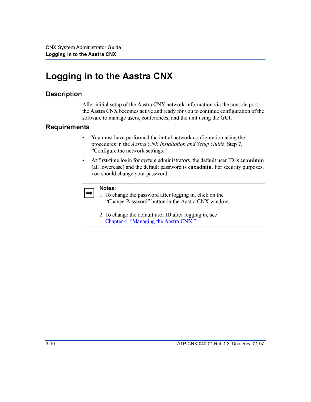 Aastra Telecom ATP-CNX-040-01 manual Logging in to the Aastra CNX, Description 