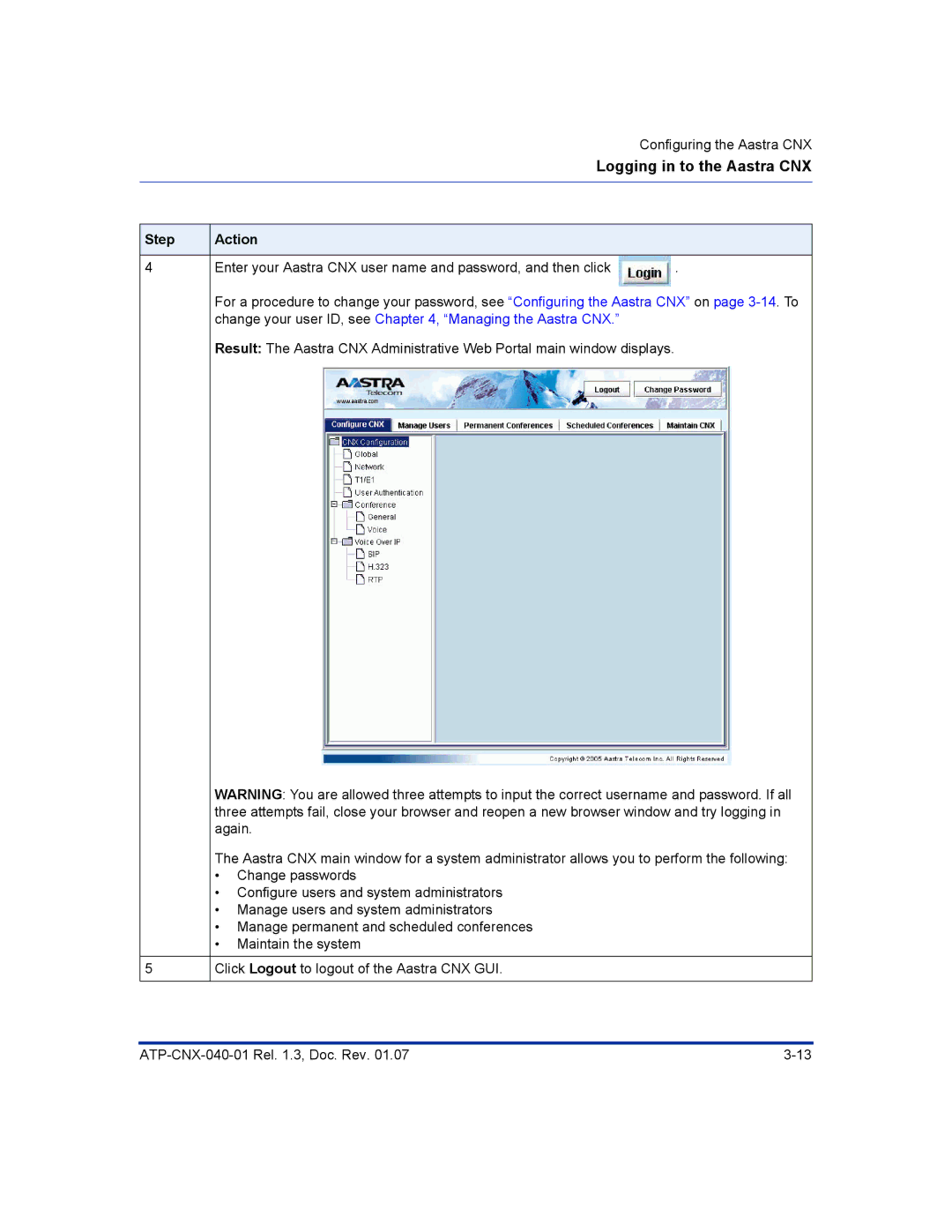 Aastra Telecom ATP-CNX-040-01 manual Logging in to the Aastra CNX 