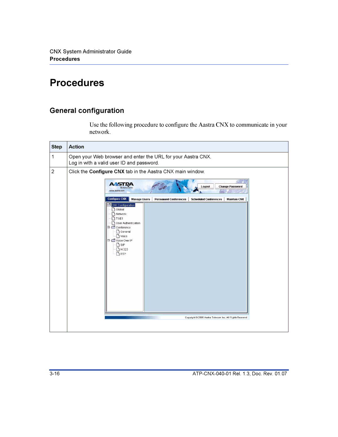 Aastra Telecom ATP-CNX-040-01 manual Procedures, General configuration 