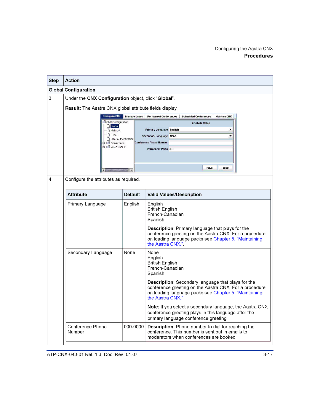 Aastra Telecom ATP-CNX-040-01 manual Step Action Global Configuration, Attribute Default Valid Values/Description 