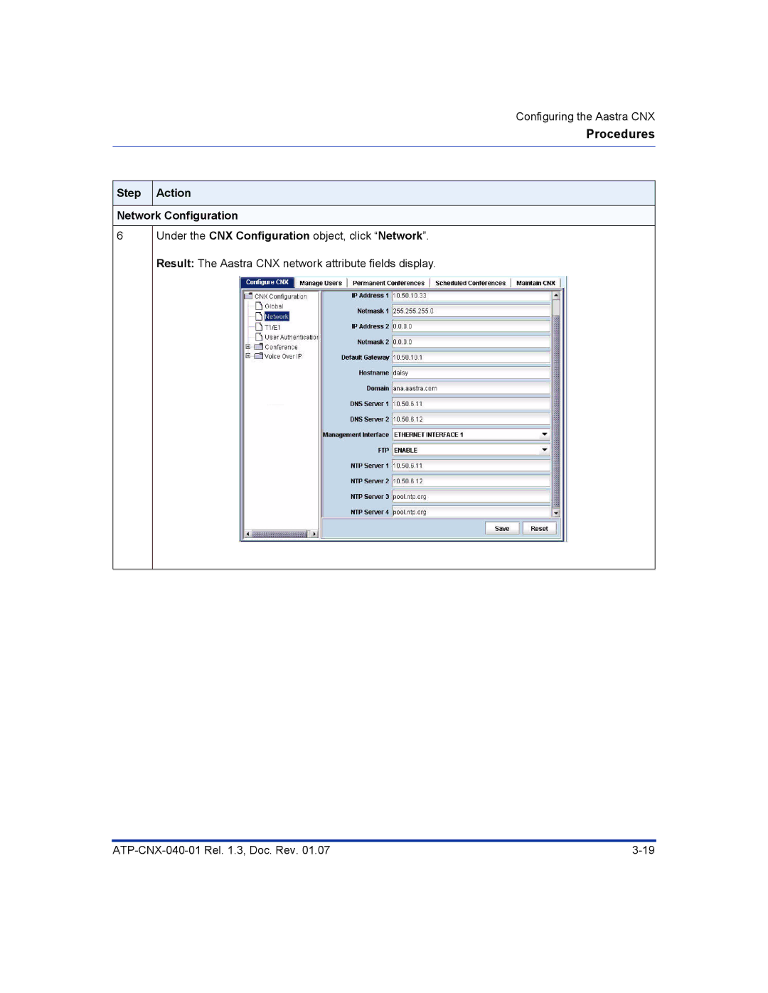 Aastra Telecom ATP-CNX-040-01 manual Step Action Network Configuration 