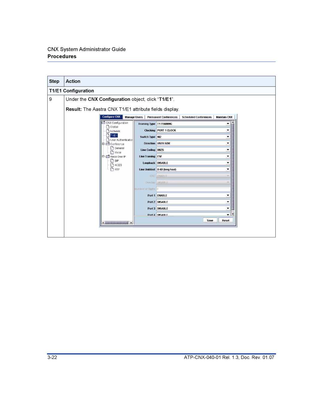 Aastra Telecom ATP-CNX-040-01 manual Step Action T1/E1 Configuration 