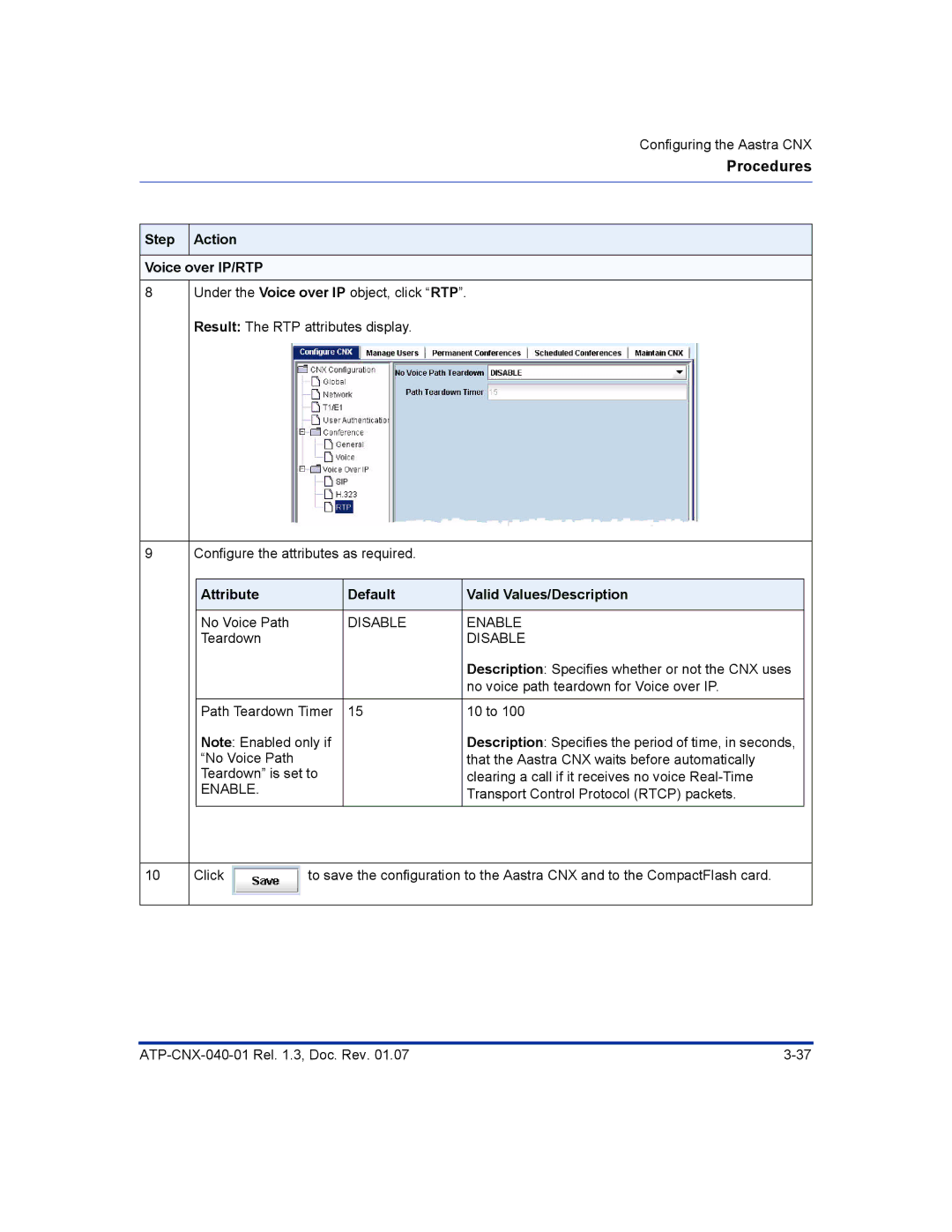 Aastra Telecom ATP-CNX-040-01 manual Step Action Voice over IP/RTP 