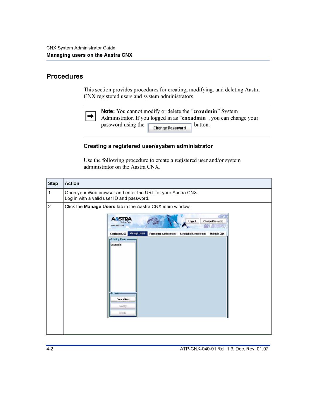 Aastra Telecom ATP-CNX-040-01 manual Procedures, Creating a registered user/system administrator 