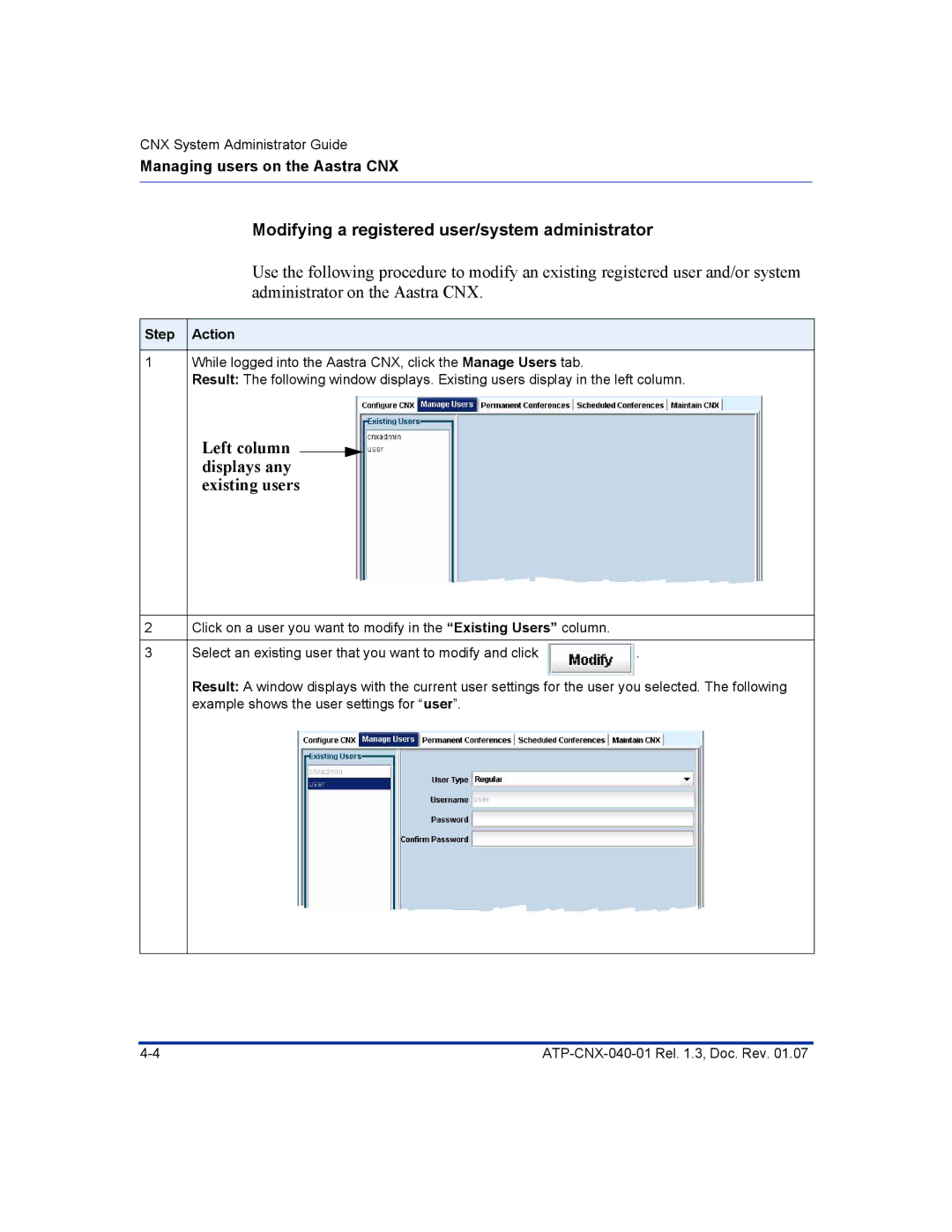 Aastra Telecom ATP-CNX-040-01 Modifying a registered user/system administrator, Left column displays any existing users 