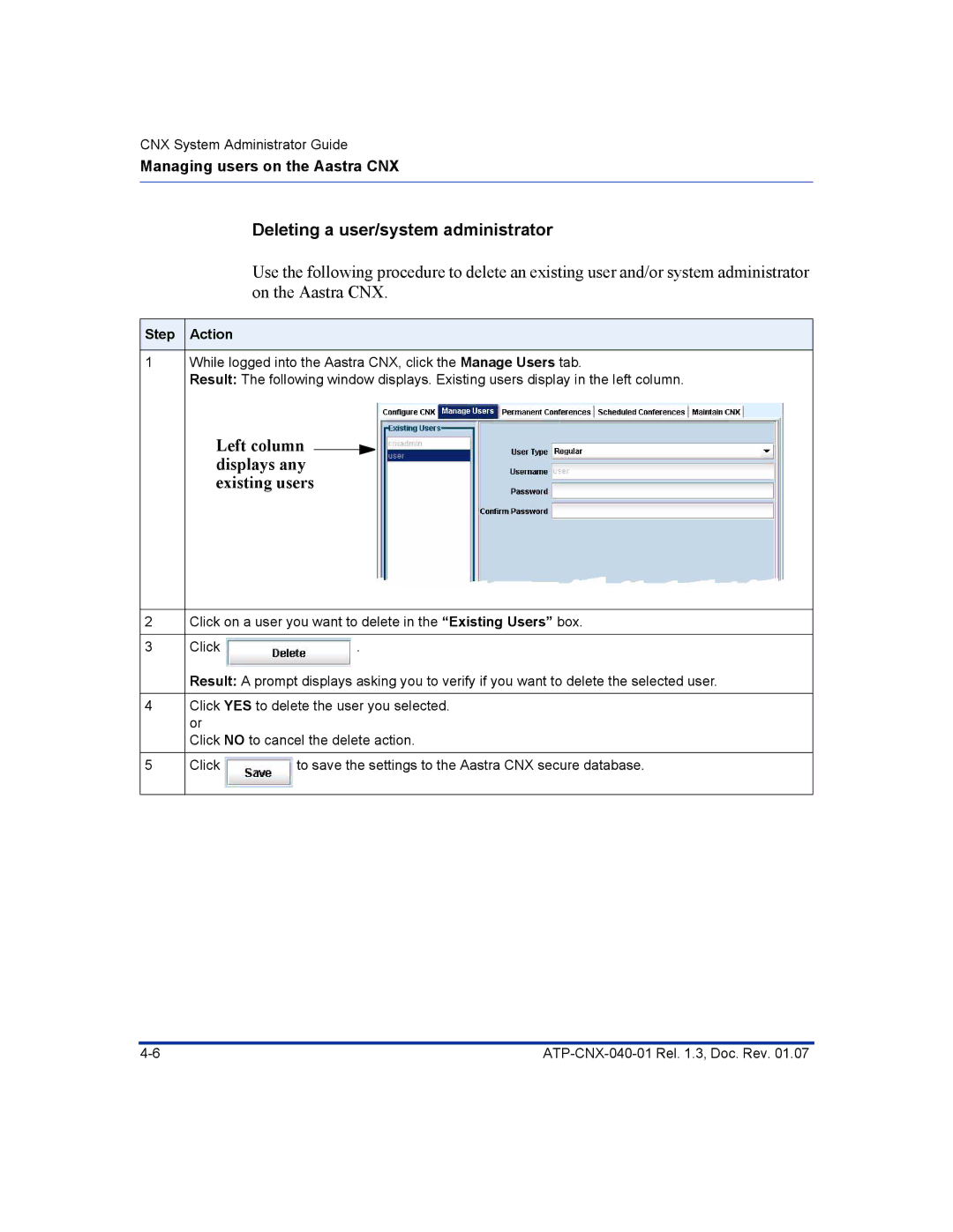 Aastra Telecom ATP-CNX-040-01 manual Deleting a user/system administrator 