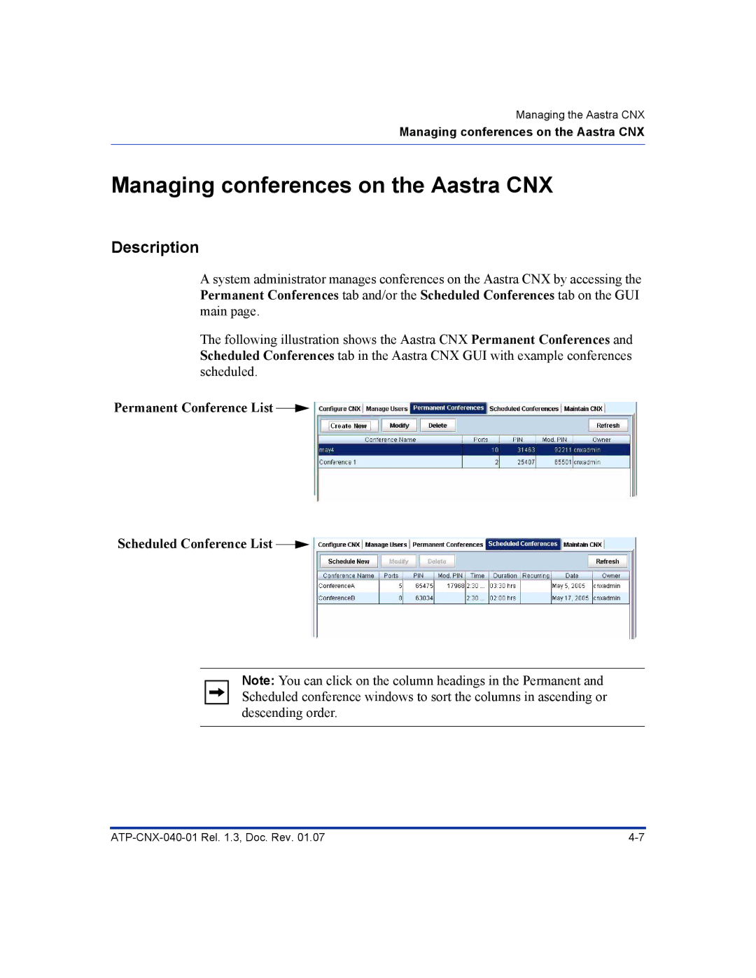 Aastra Telecom ATP-CNX-040-01 Managing conferences on the Aastra CNX, Permanent Conference List Scheduled Conference List 