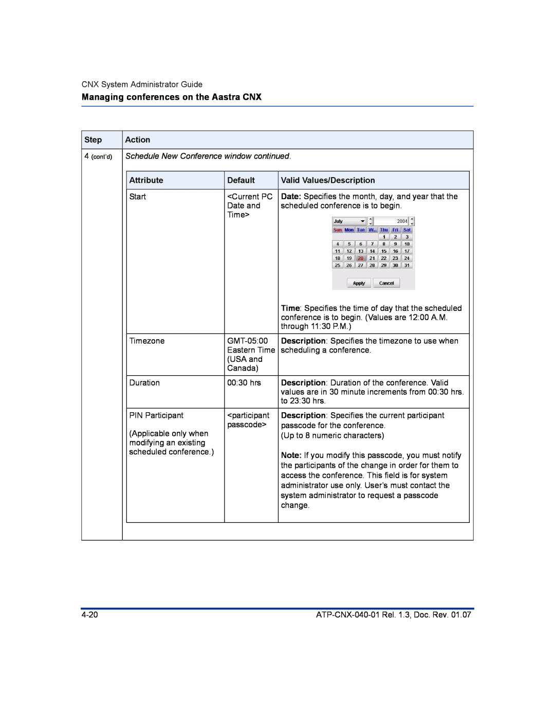 Aastra Telecom ATP-CNX-040-01 manual Managing conferences on the Aastra CNX, Step, Action, Attribute, Default 