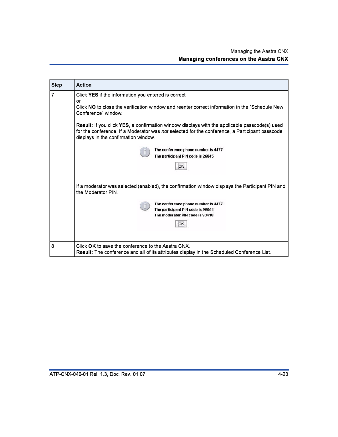 Aastra Telecom ATP-CNX-040-01 manual Managing conferences on the Aastra CNX, Step, Action 