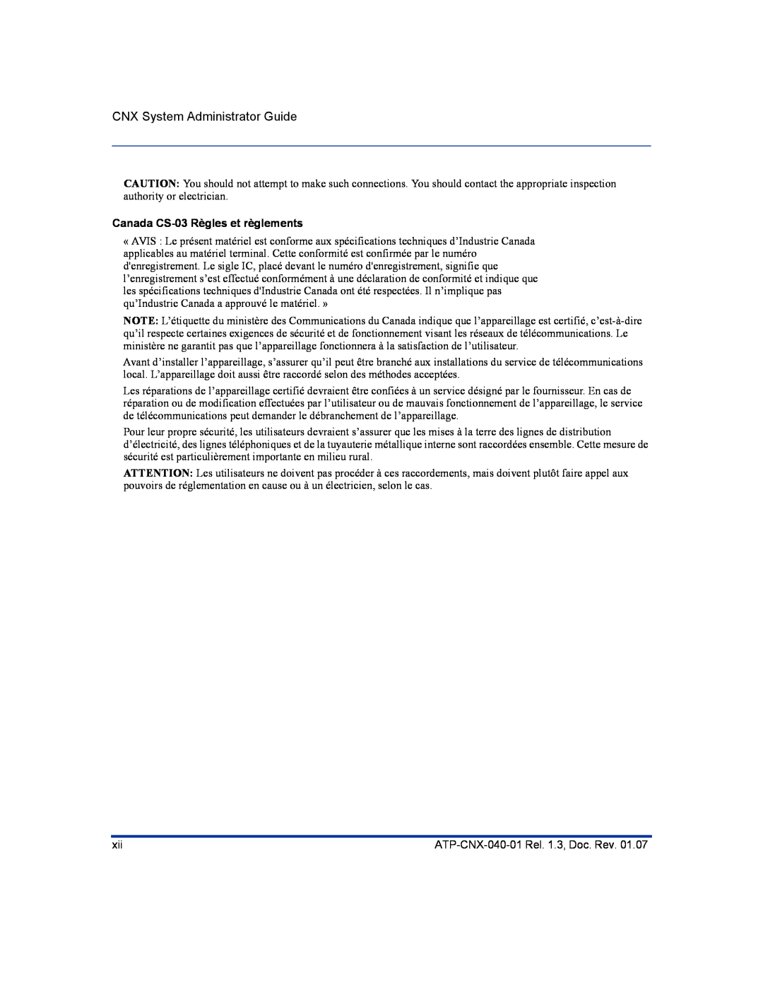 Aastra Telecom ATP-CNX-040-01 manual CNX System Administrator Guide, Canada CS-03 Règles et règlements 