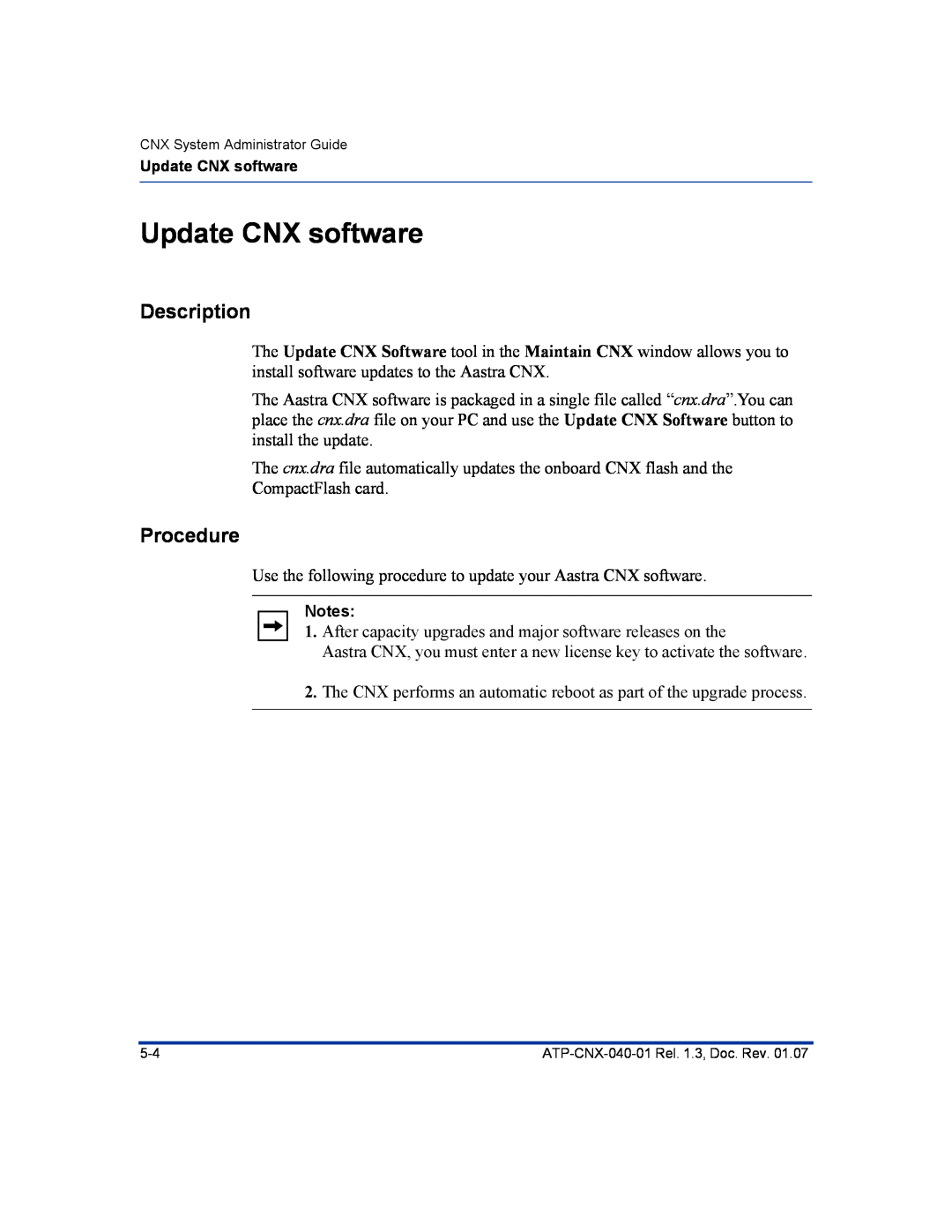 Aastra Telecom ATP-CNX-040-01 manual Update CNX software, Description, Procedure 
