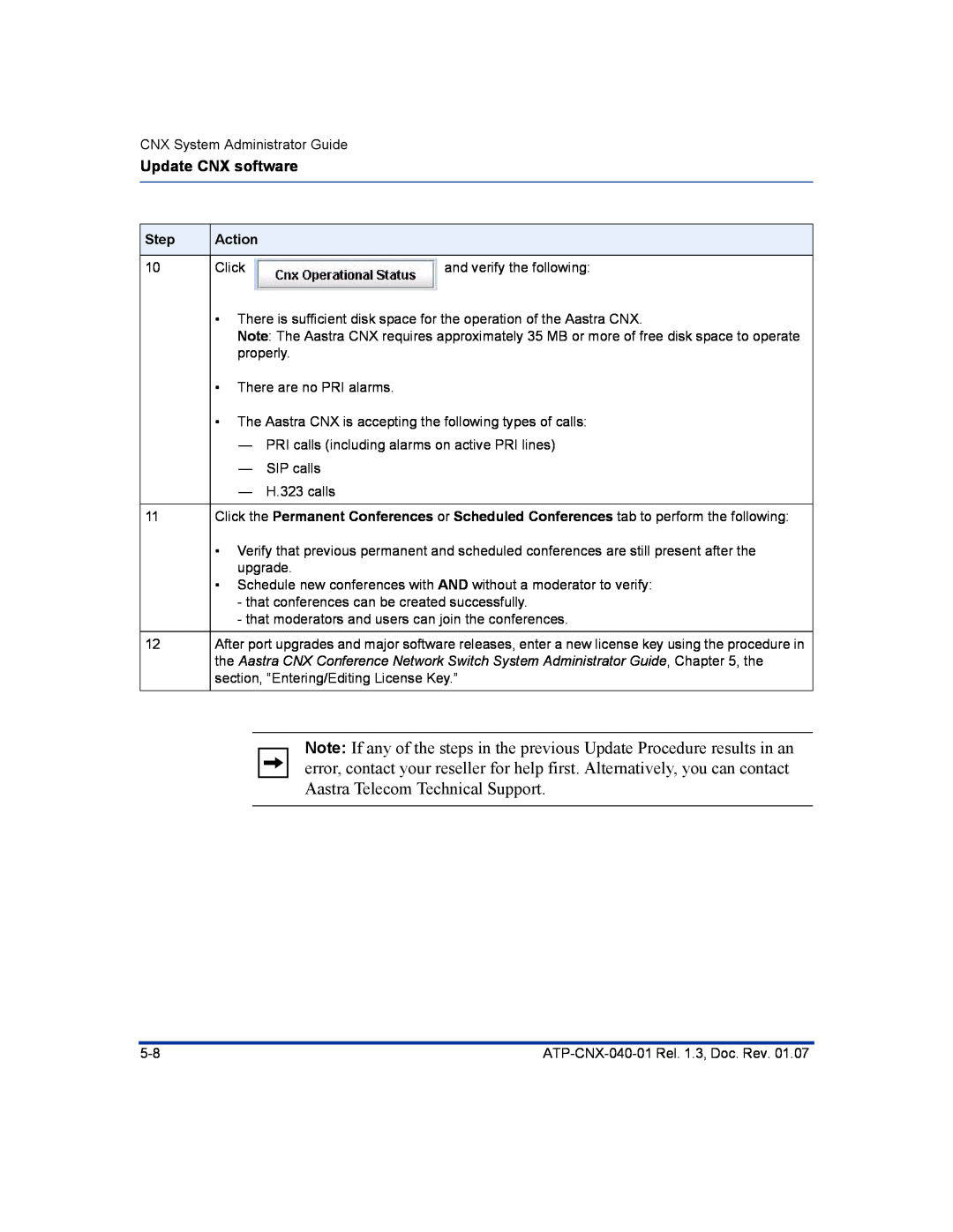 Aastra Telecom ATP-CNX-040-01 manual Update CNX software, Step, Action 