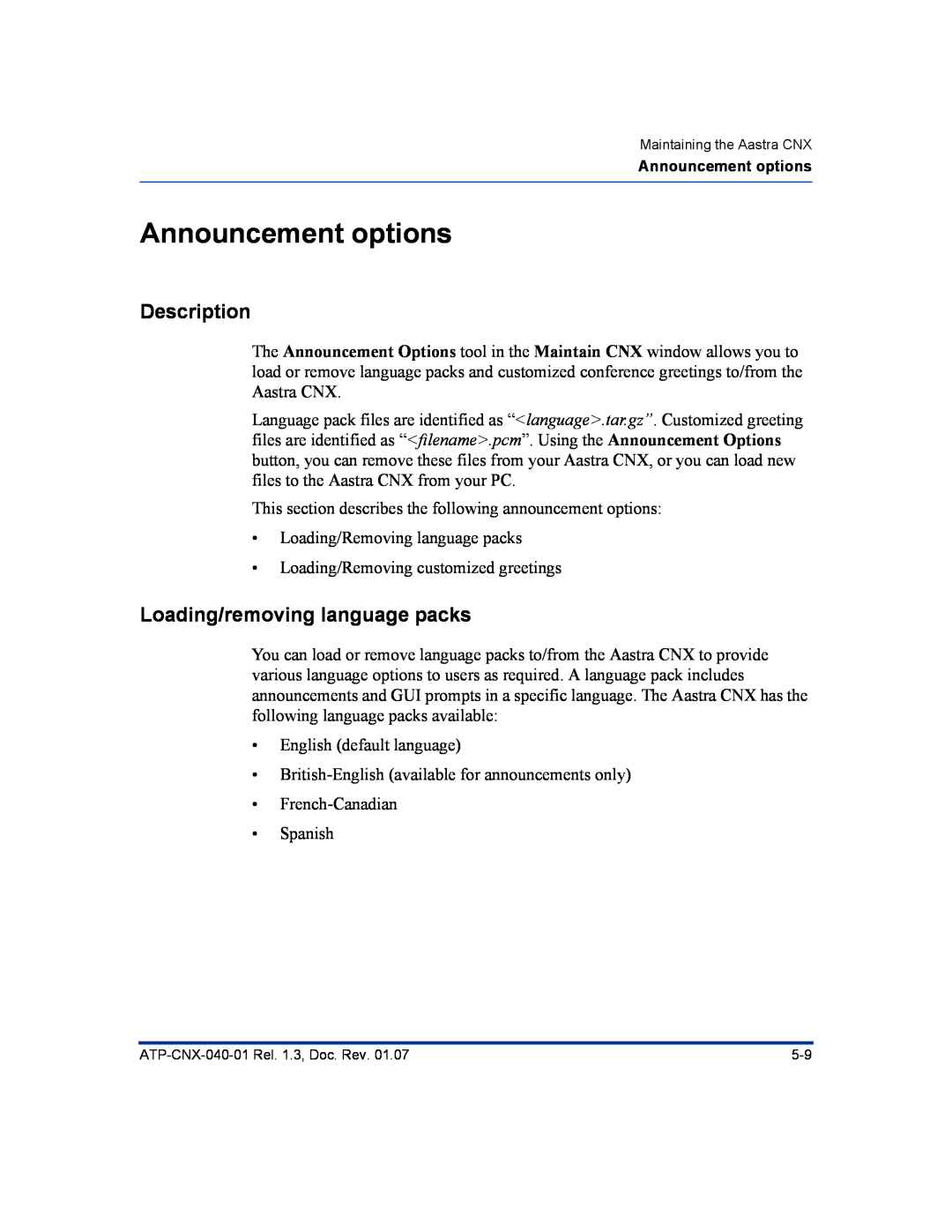 Aastra Telecom ATP-CNX-040-01 manual Announcement options, Loading/removing language packs, Description 