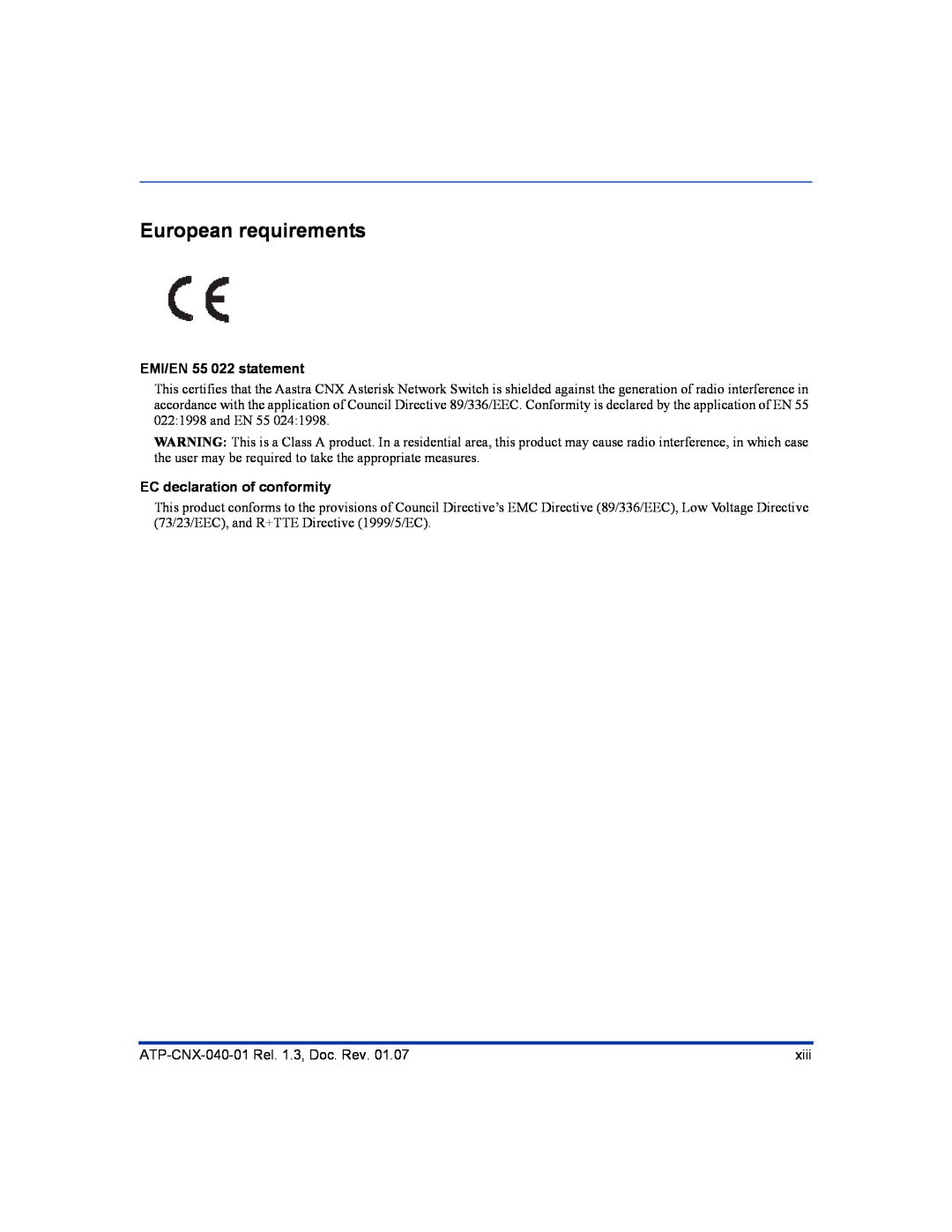 Aastra Telecom ATP-CNX-040-01 manual European requirements, EMI/EN 55 022 statement, EC declaration of conformity 