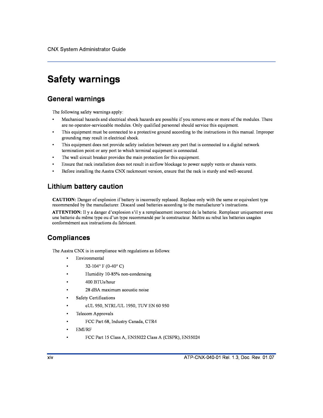 Aastra Telecom ATP-CNX-040-01 manual Safety warnings, General warnings, Lithium battery caution, Compliances 