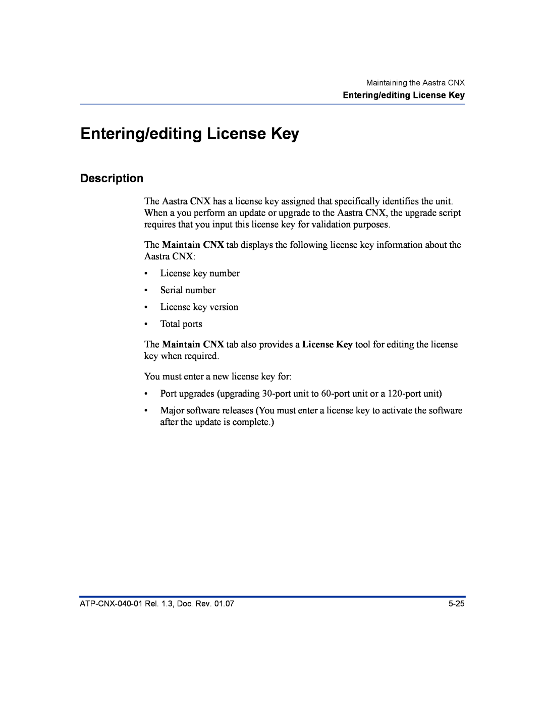 Aastra Telecom ATP-CNX-040-01 manual Entering/editing License Key, Description 