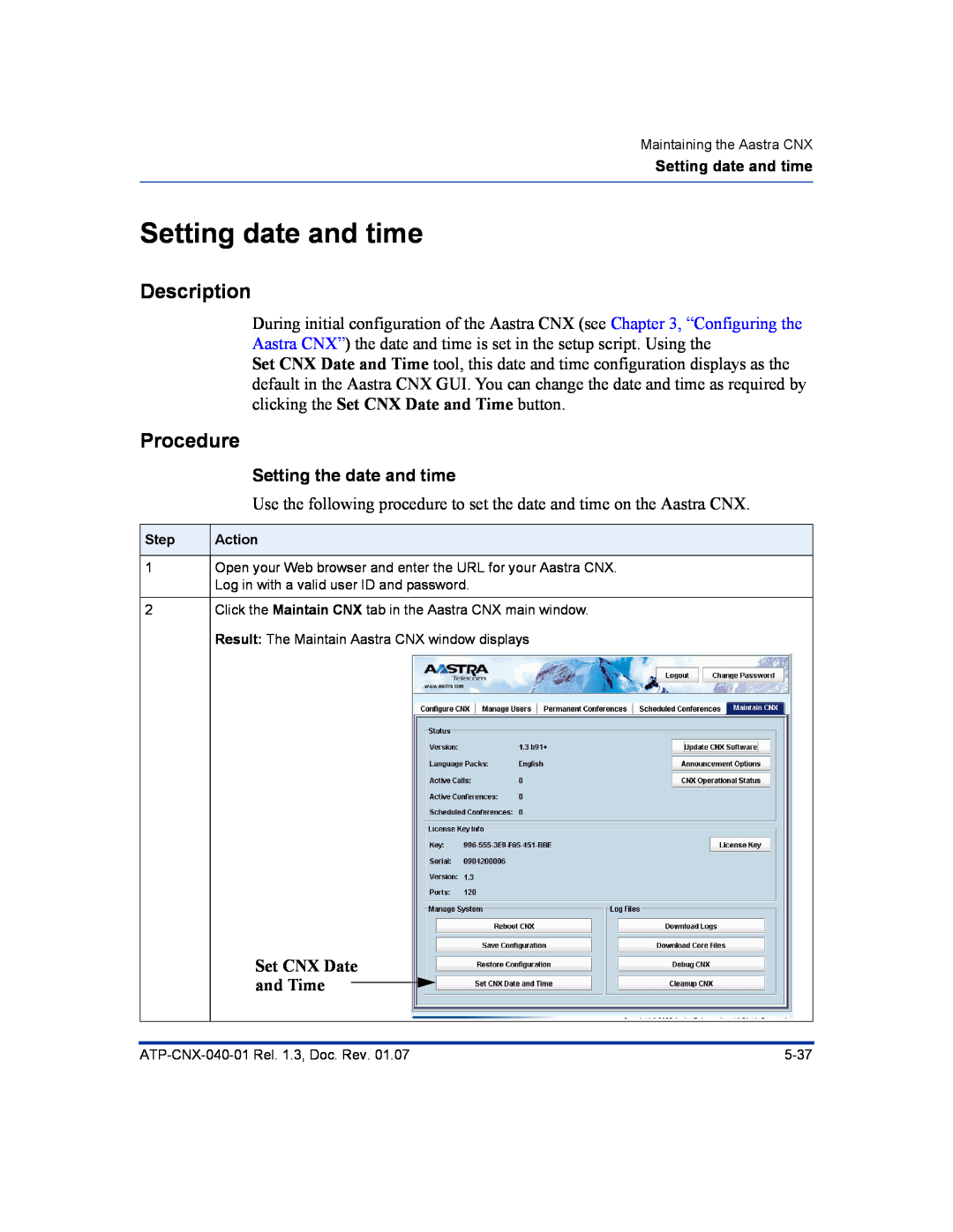 Aastra Telecom ATP-CNX-040-01 manual Setting date and time, Setting the date and time, Set CNX Date and Time, Description 