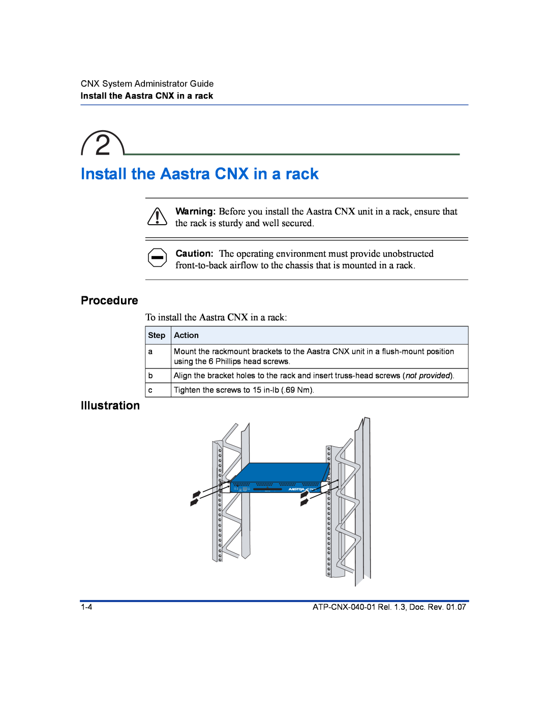 Aastra Telecom ATP-CNX-040-01 manual Install the Aastra CNX in a rack, Procedure, Illustration 