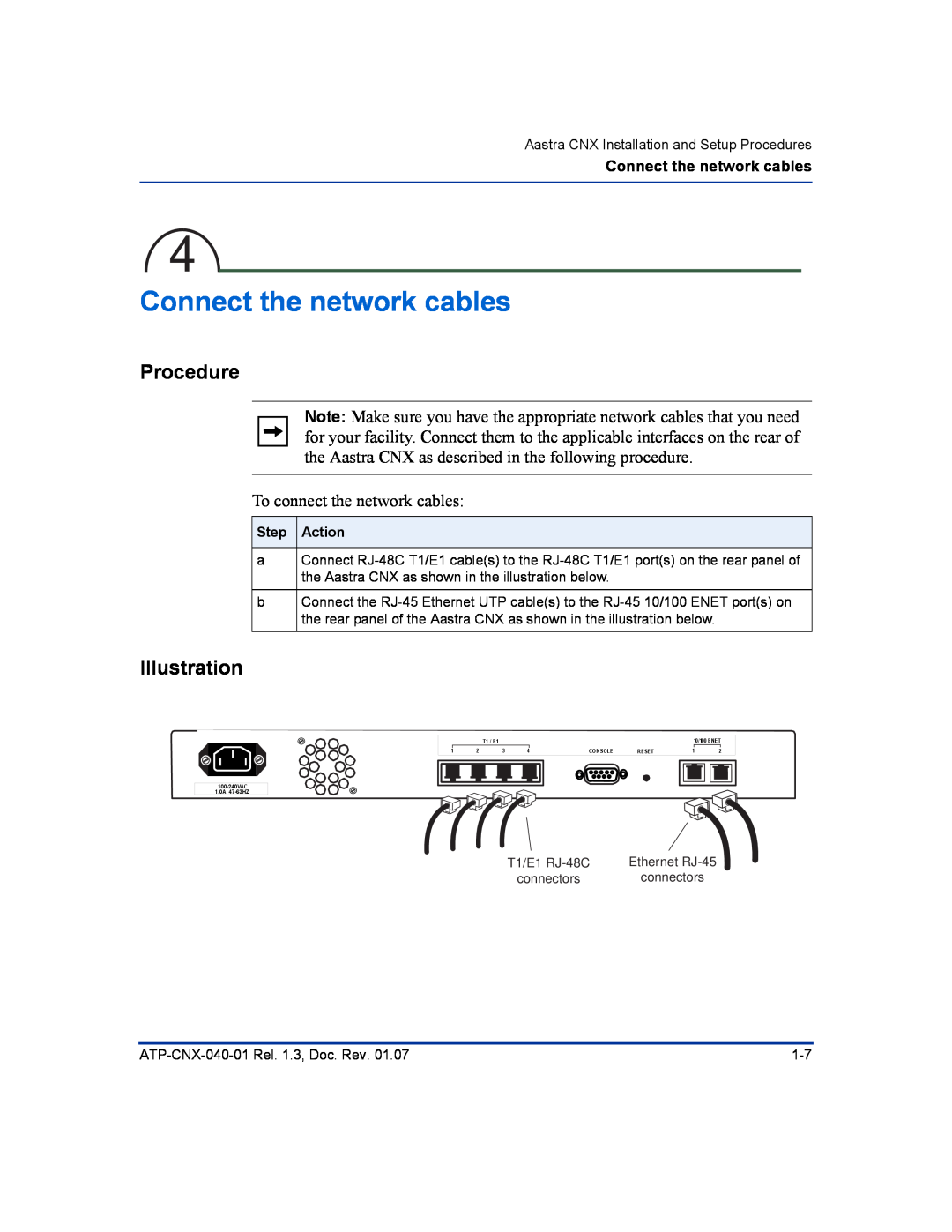 Aastra Telecom ATP-CNX-040-01 manual Connect the network cables, Procedure, Illustration, Step Action 