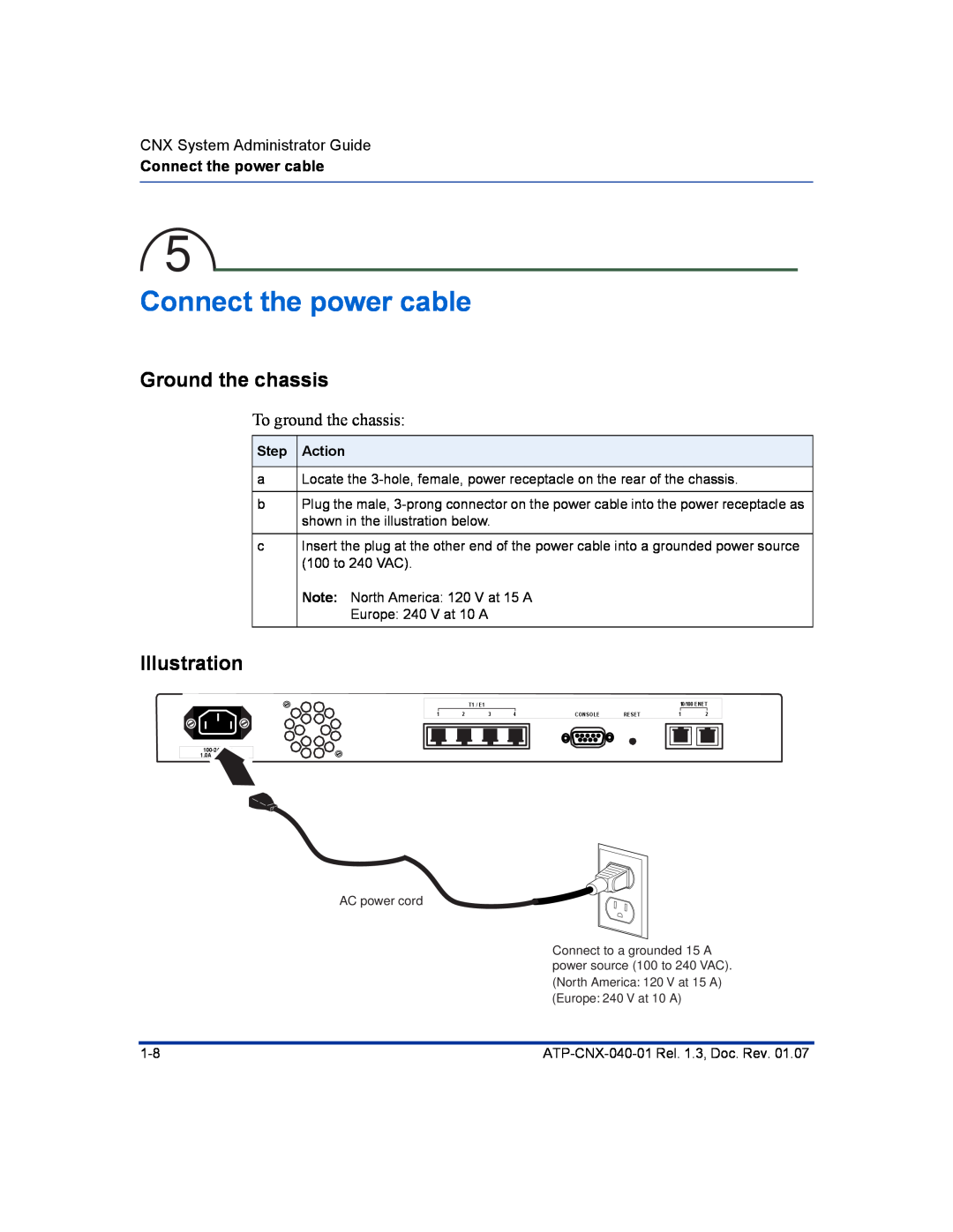 Aastra Telecom ATP-CNX-040-01 Connect the power cable, Ground the chassis, Illustration, CNX System Administrator Guide 