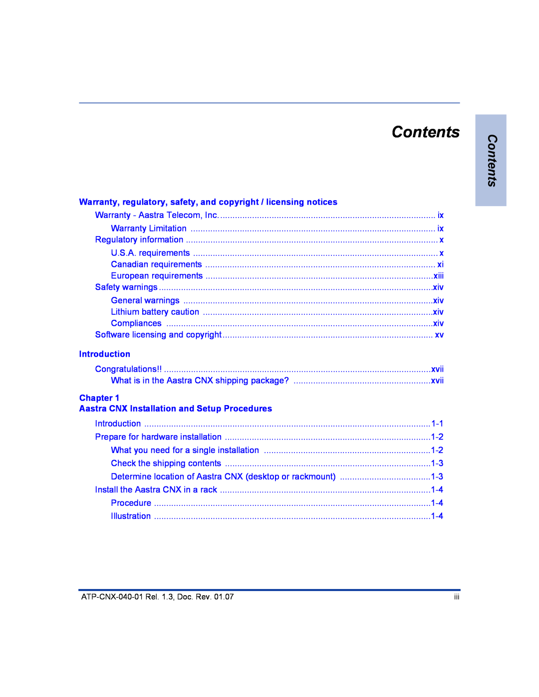 Aastra Telecom ATP-CNX-040-01 Contents, Warranty, regulatory, safety, and copyright / licensing notices, Introduction 