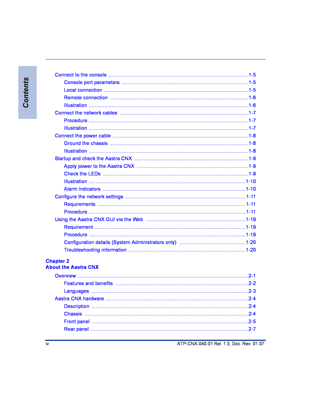 Aastra Telecom ATP-CNX-040-01 manual Contents, Chapter, About the Aastra CNX 