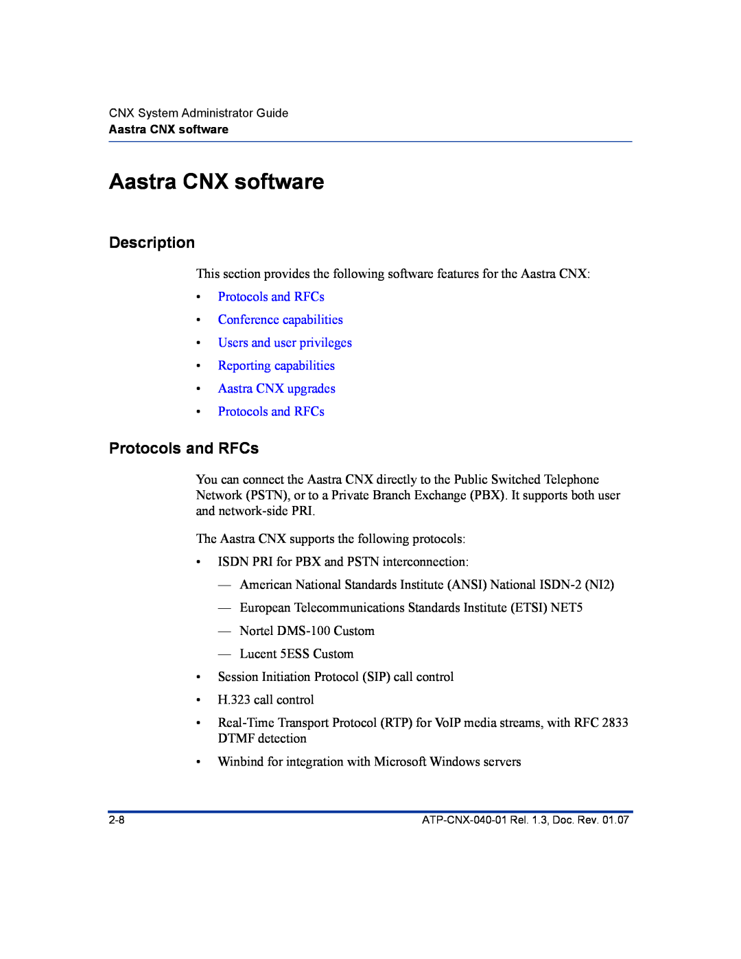 Aastra Telecom ATP-CNX-040-01 manual Aastra CNX software, Protocols and RFCs, Description 