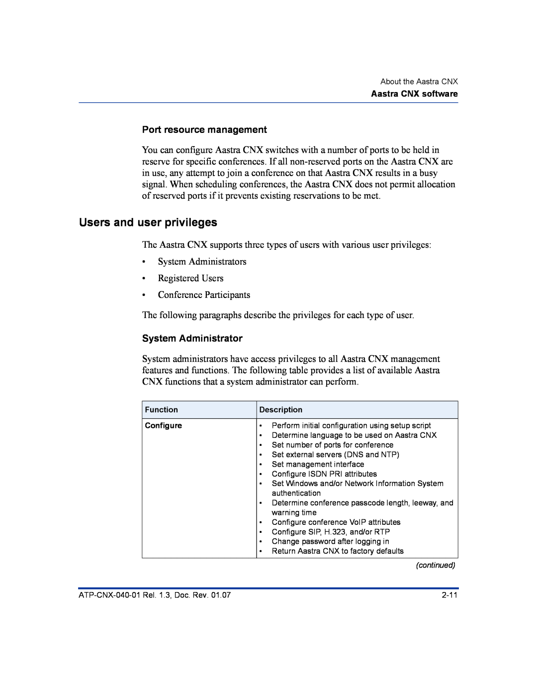 Aastra Telecom ATP-CNX-040-01 manual Users and user privileges, Port resource management, System Administrator 