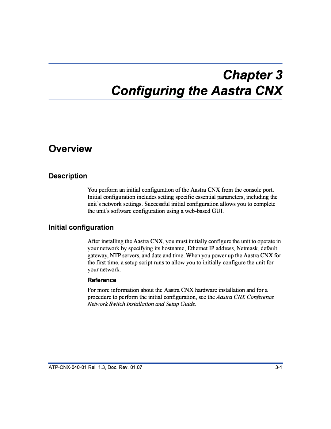 Aastra Telecom ATP-CNX-040-01 Chapter Configuring the Aastra CNX, Initial configuration, Overview, Description, Reference 
