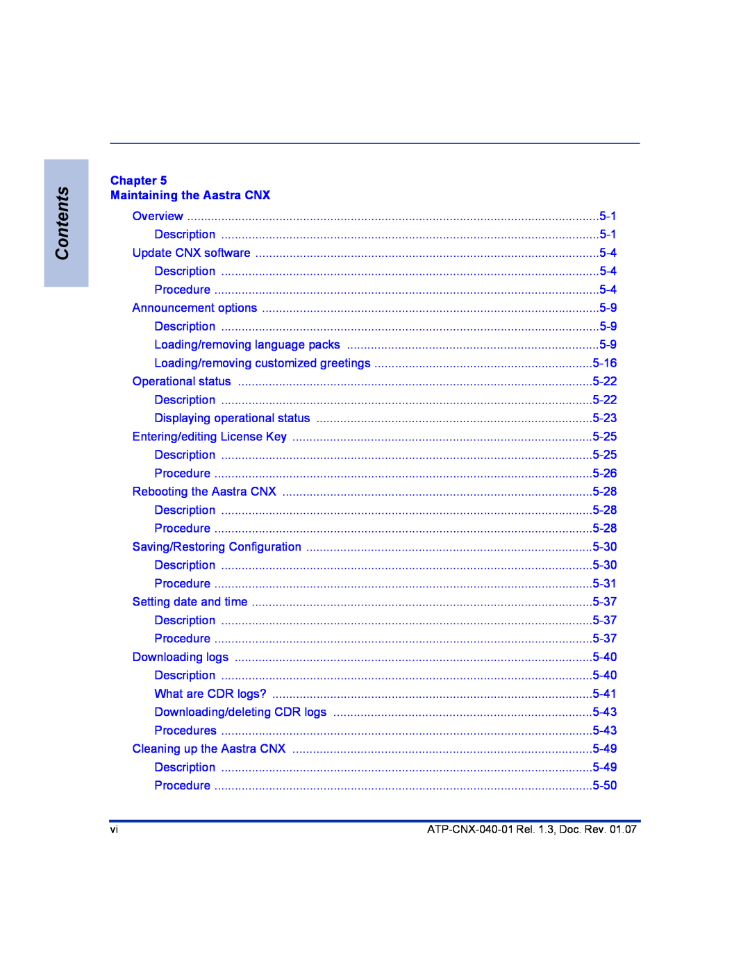 Aastra Telecom ATP-CNX-040-01 manual Contents, Chapter Maintaining the Aastra CNX 
