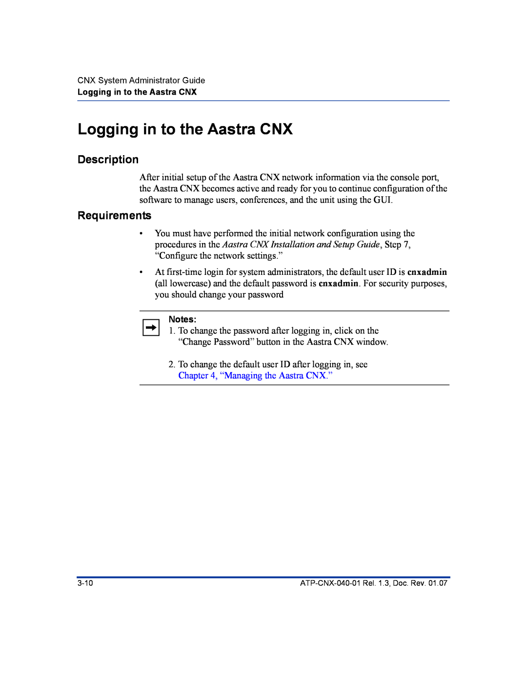 Aastra Telecom ATP-CNX-040-01 manual Logging in to the Aastra CNX, Description, Requirements 