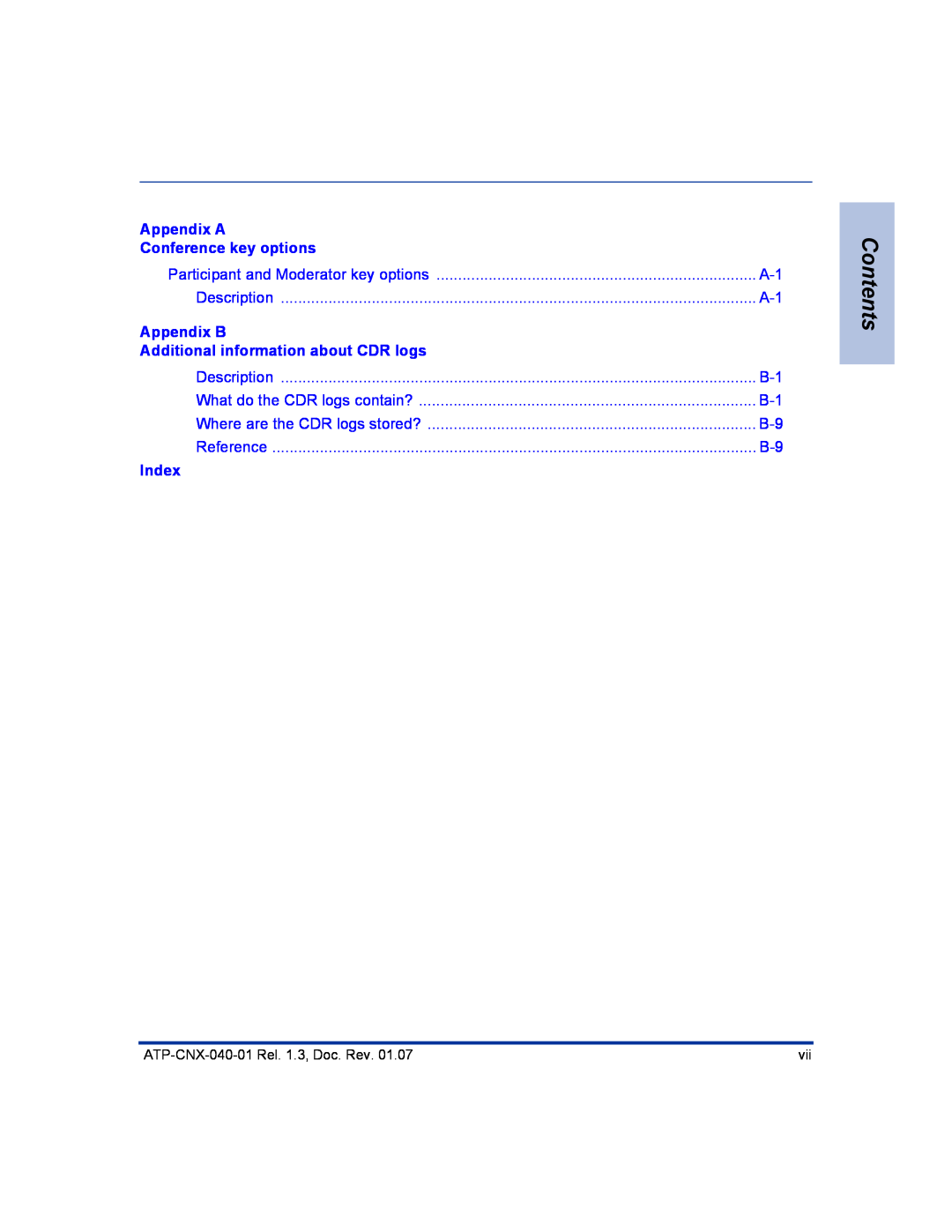 Aastra Telecom ATP-CNX-040-01 manual Contents, Appendix A Conference key options, Appendix B, Index 