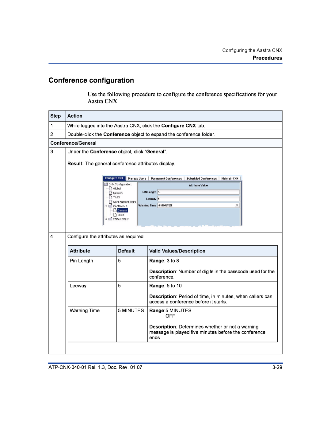 Aastra Telecom ATP-CNX-040-01 Conference configuration, Procedures, Step Action, Conference/General, Attribute, Default 