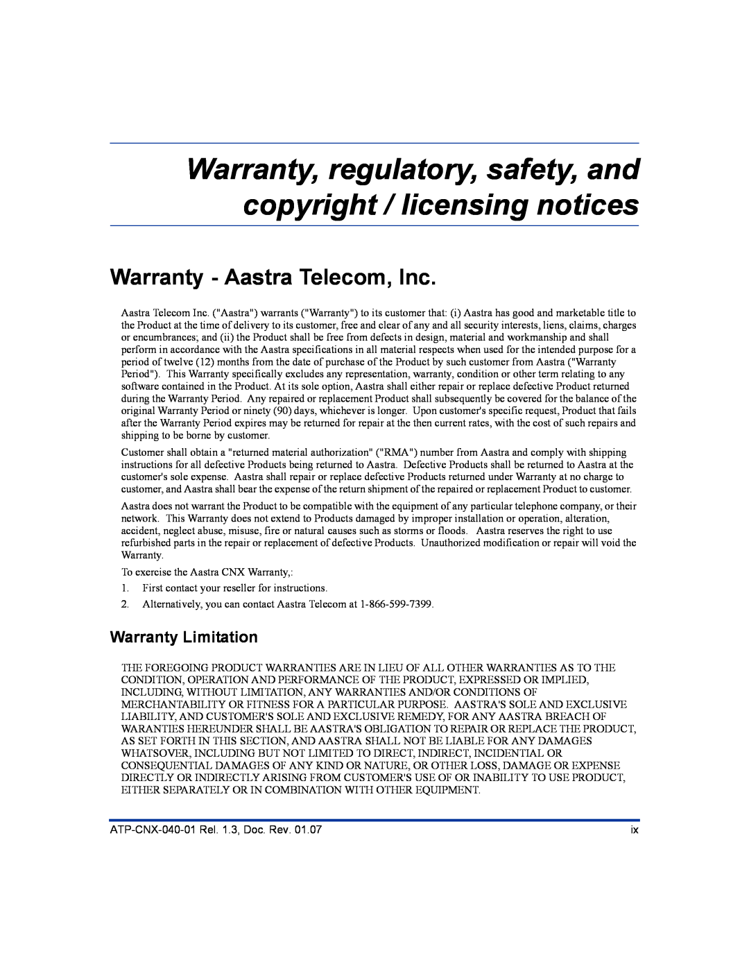 Aastra Telecom ATP-CNX-040-01 manual Warranty - Aastra Telecom, Inc, Warranty Limitation 