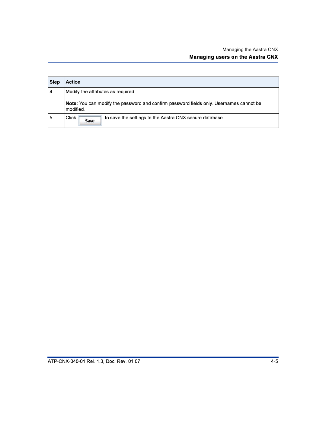 Aastra Telecom ATP-CNX-040-01 manual Managing users on the Aastra CNX, Step, Action 